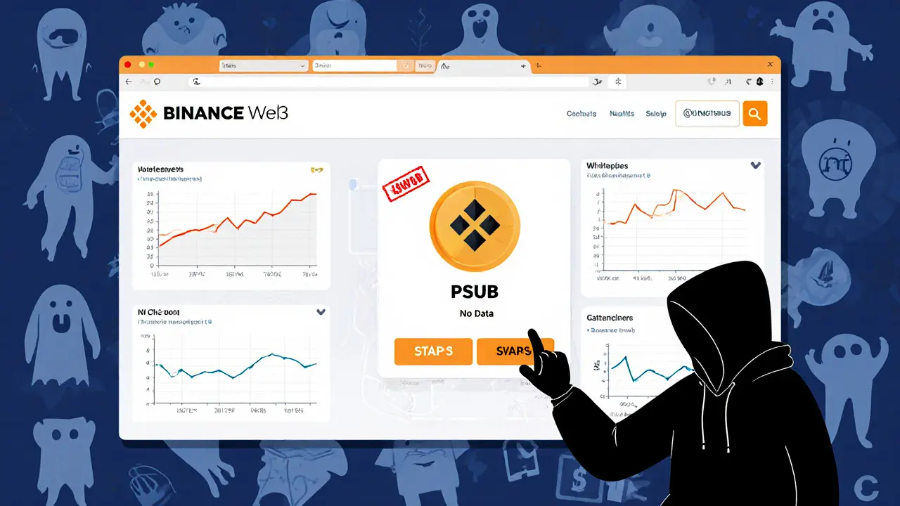 A cluttered Binance Web3 dashboard with zero trading volume and missing crypto docs.