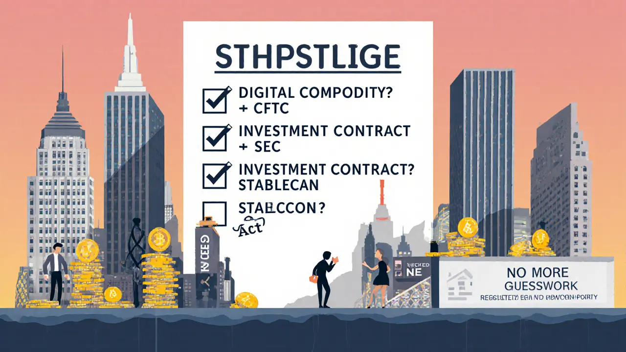 A compliance checklist guiding institutions into regulated crypto offices under a clear skyline.