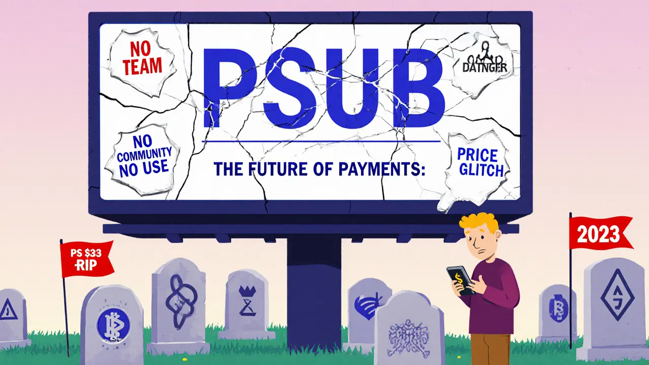 A cracked billboard for PSUB with warning stickers and a confused user staring at a low price.