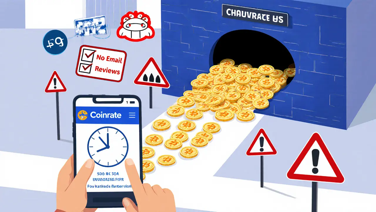 A victim watching crypto coins vanish into a black hole while warning icons float above.