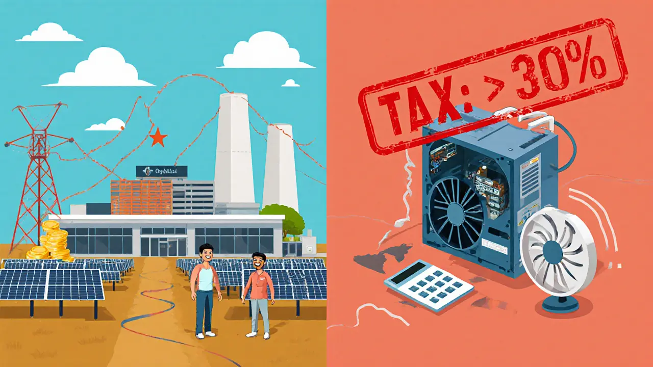 Contrasting mining success in Texas with failure in India, shown in flat illustration with symbolic tax oppression.