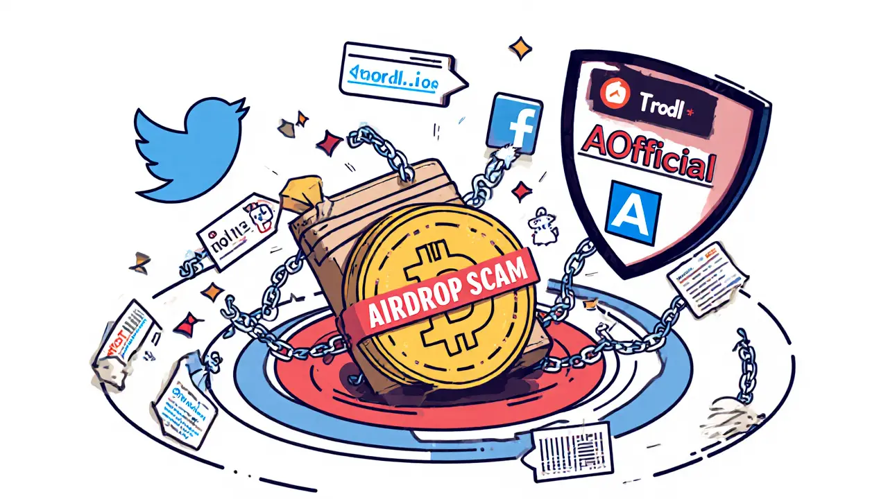 Crypto wallet sucked into a scam vortex while a shield points to trusted sources like trodl.io and AirdropAlert.