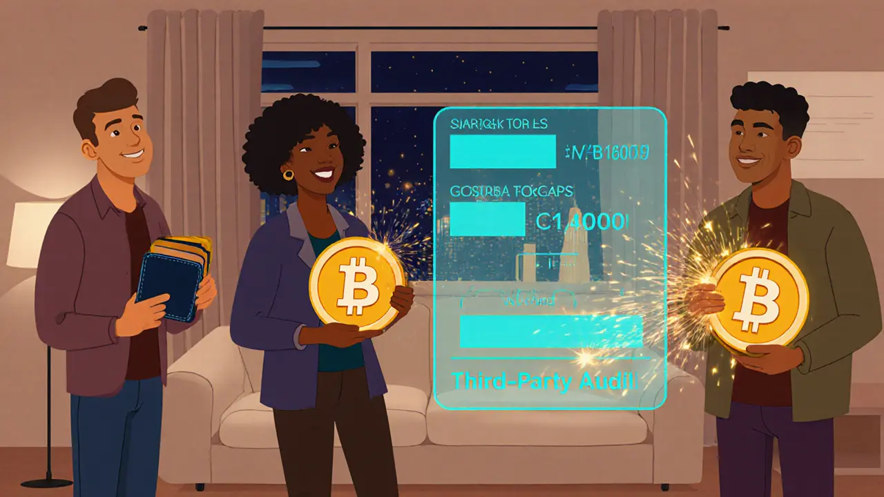 Diverse users holding wallets as an NFT dissolves into sparks, reducing a token supply bar with audit seal overlay.