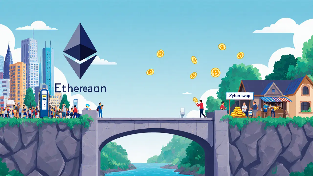 Flat illustration comparing busy Ethereum trading to quiet Arbitrum village with Zyberswap v3 stall.