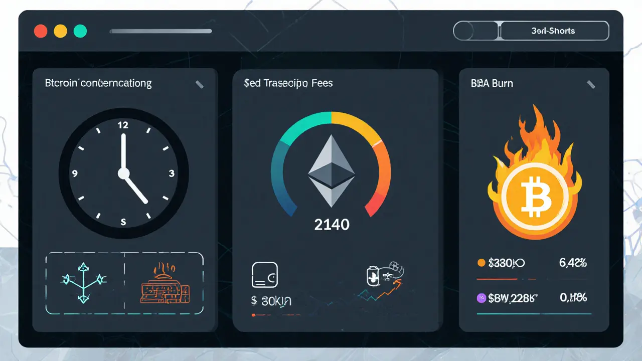 Futuristic crypto dashboard showing Bitcoin halving, Ethereum burns, and BNB burn tied to trading volume.