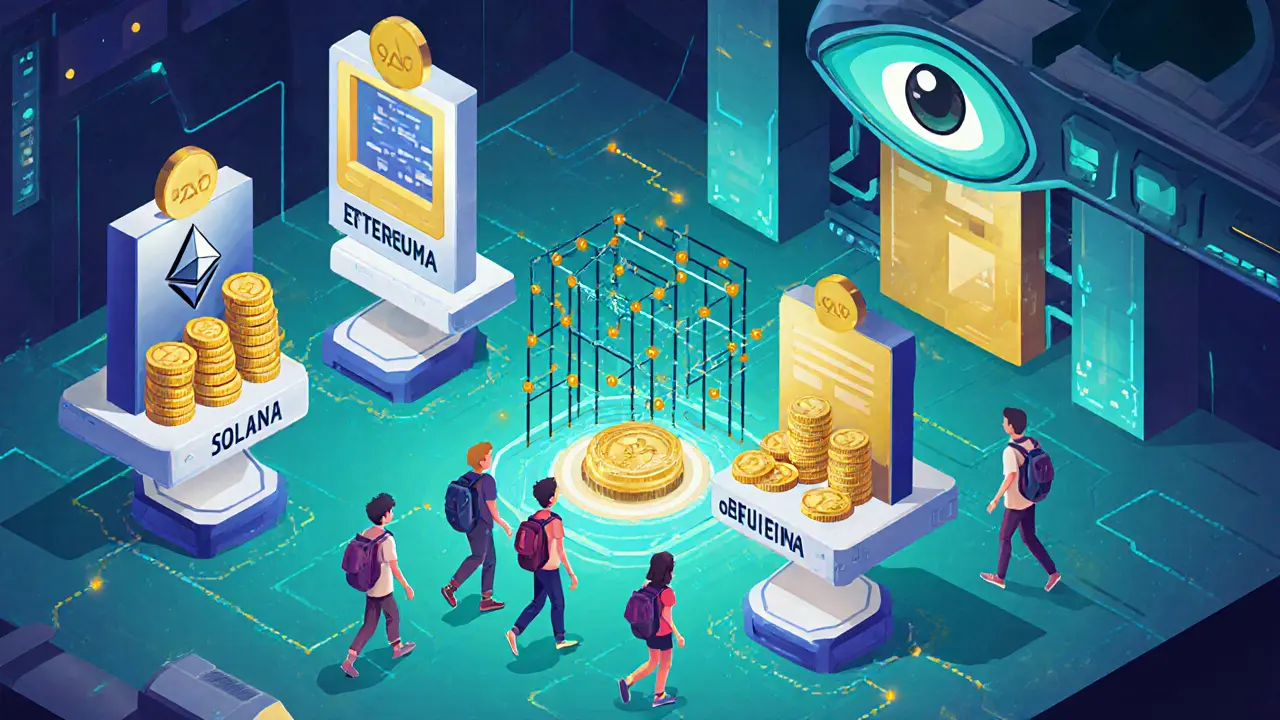 Game portals connecting blockchains to a central D Token grid, with players collecting earned tokens.