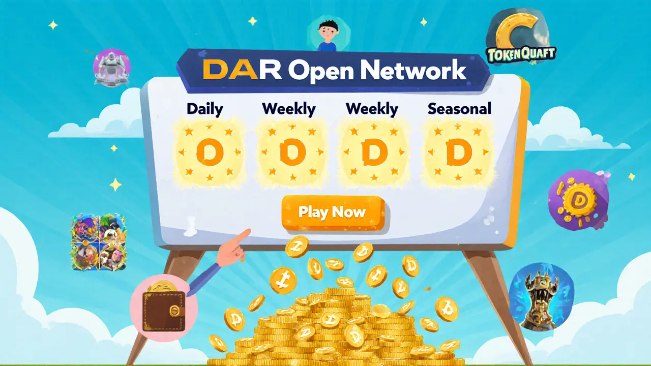 Interactive quest board with glowing rewards and D tokens raining into a wallet from completed tasks.