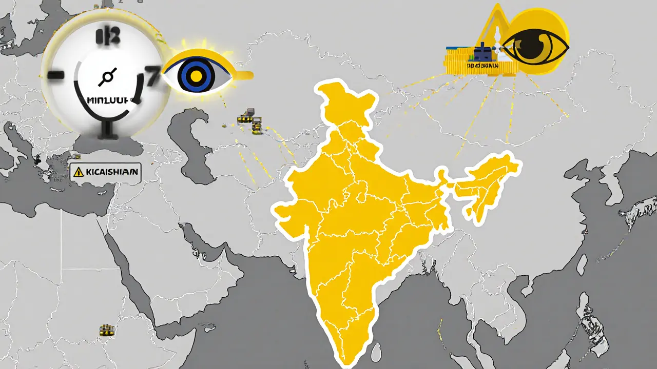 Map of India showing declining mining activity and digital trails to offshore servers, watched by AI surveillance eyes.
