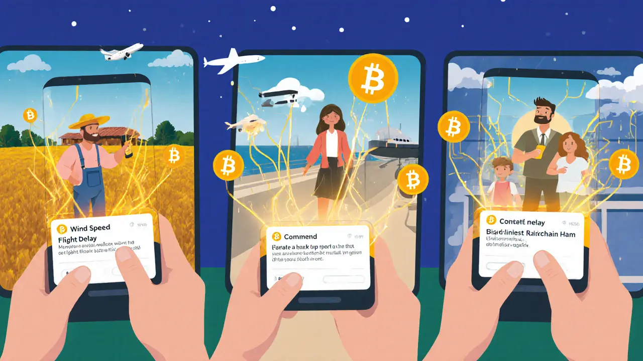 People across different scenarios all getting instant insurance payouts through automated smart contracts.