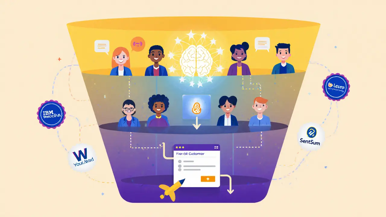Predictive sentiment funnel showing customer interactions turning into AI insights that trigger a retention offer before cancellation.