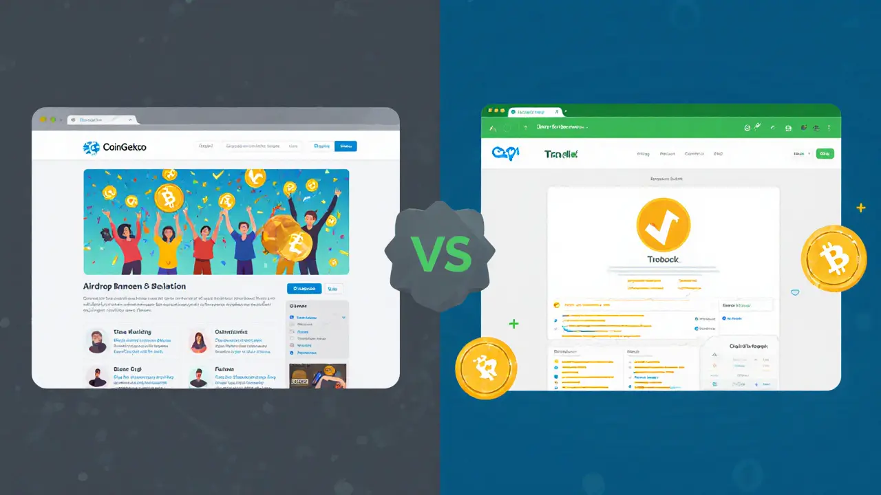 Side-by-side comparison: active legitimate airdrops vs. empty, static Trodl platform with &#039;Preview&#039; badge.