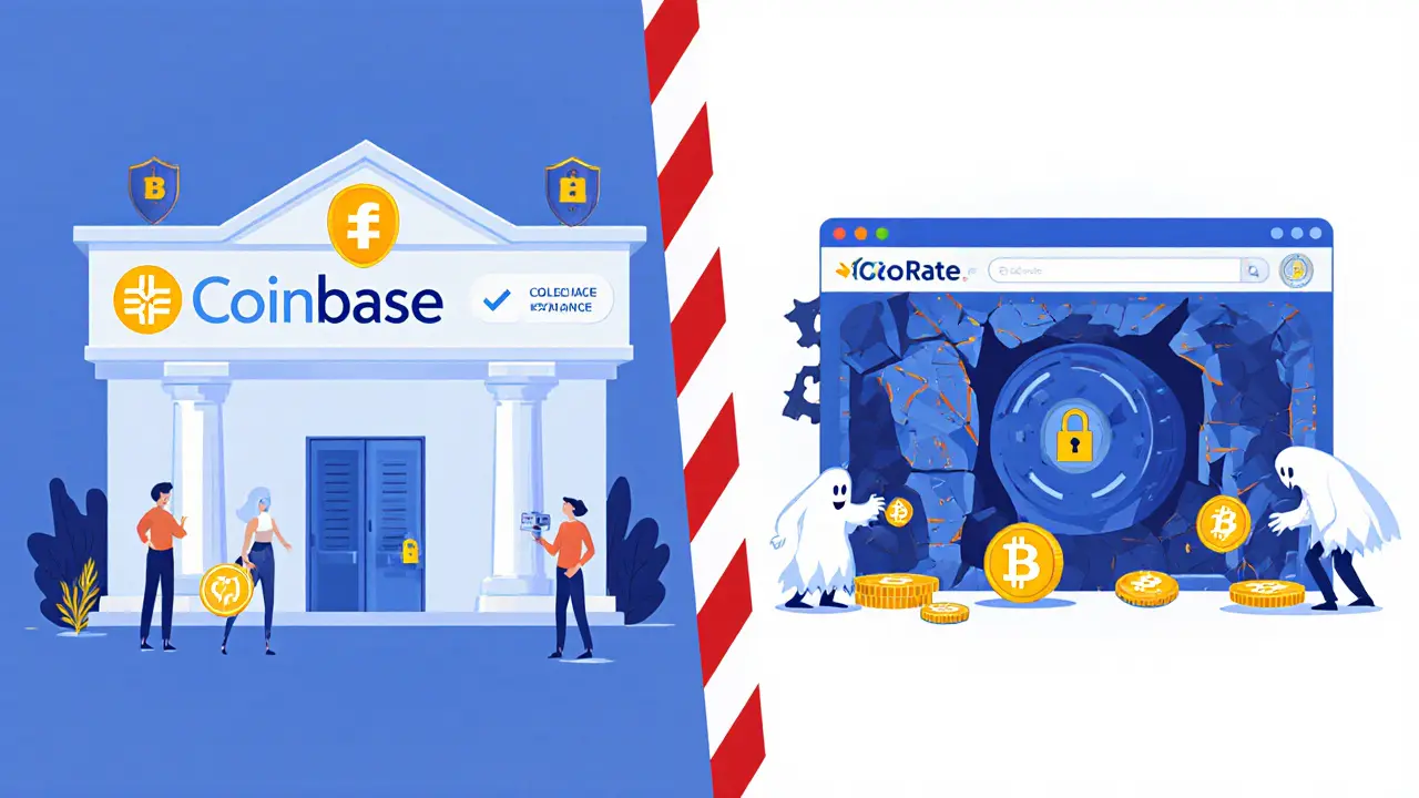 Side-by-side comparison of a secure crypto exchange versus a crumbling scam site with empty vaults.