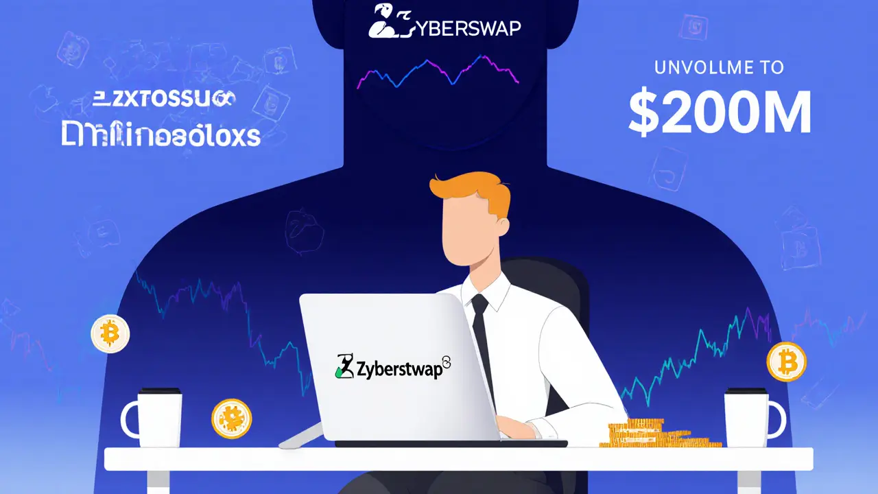 Solo trader using Zyberswap v3 surrounded by obscure tokens, overshadowed by giant Uniswap volume.