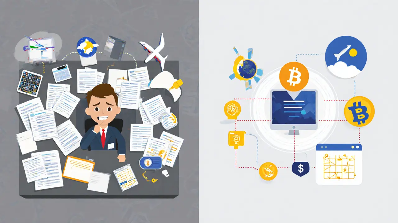 Split scene: messy paper claims vs. smooth digital insurance payout via blockchain and weather data.
