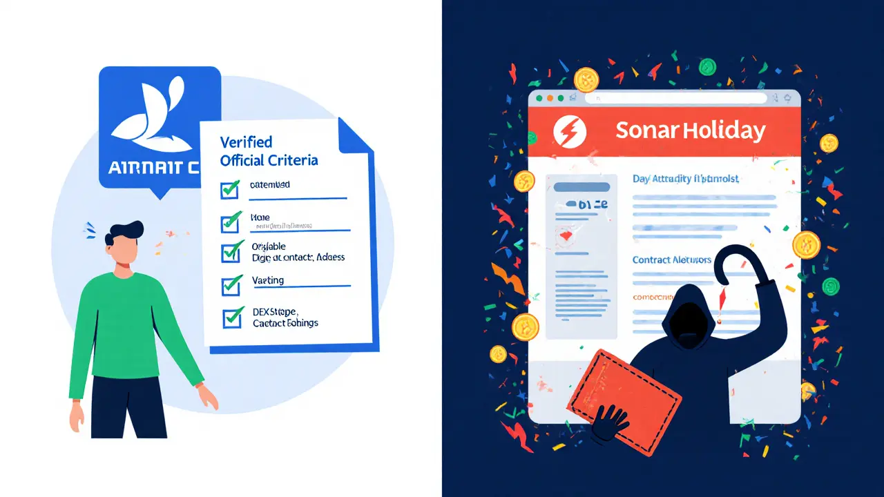 Split scene: real airdrop checklist vs. phishing scam draining a crypto wallet.