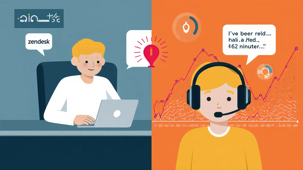 Split scene showing a calm customer review versus a frustrated voice call with rising tone waves and an urgency alert.