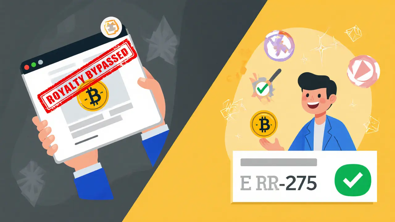 Two buyers comparing NFT purchases—one bypassing royalties, the other supporting the creator.