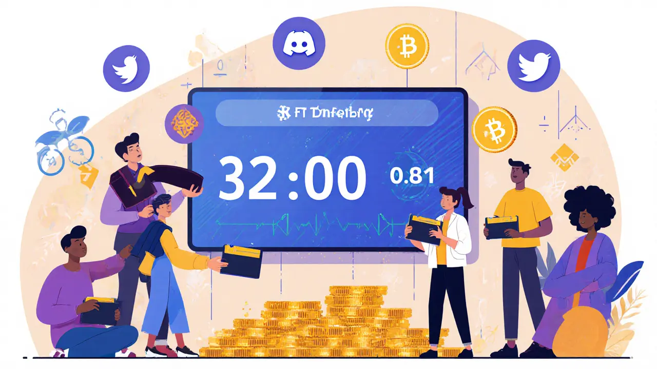 A group of players gathered around a screen counting down to the NFT Tank Drop, with crypto platform icons floating nearby.