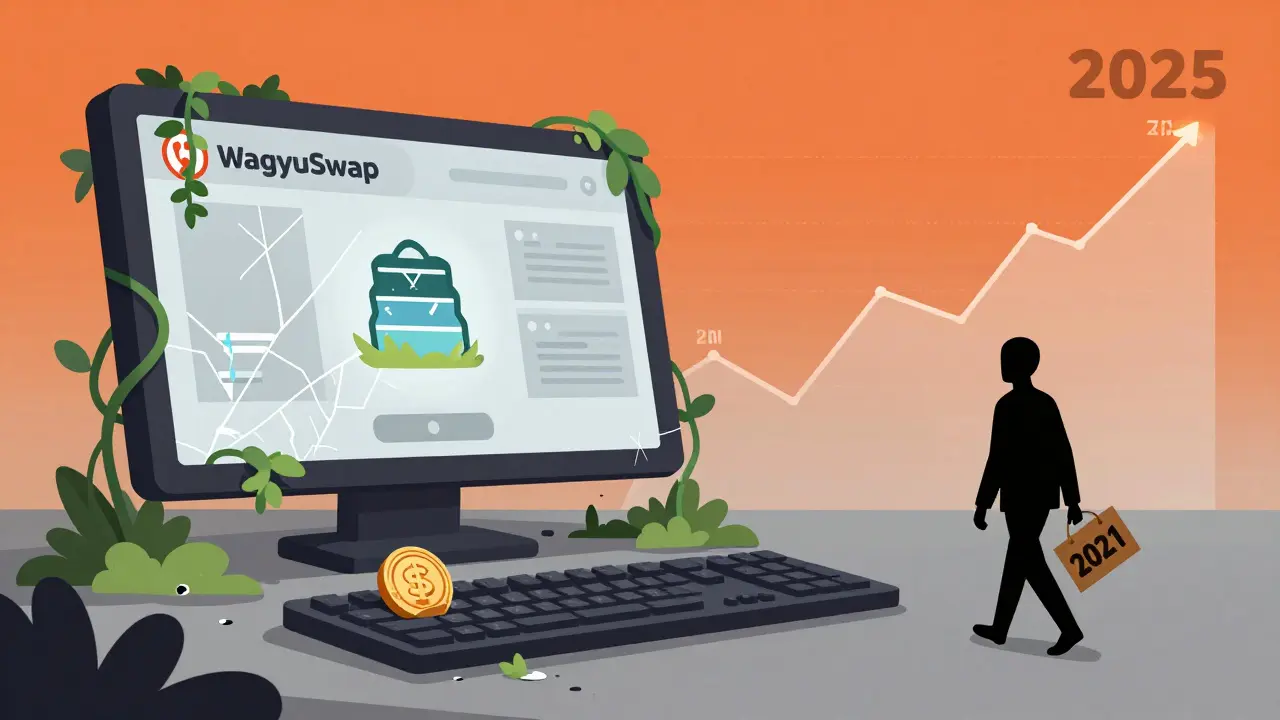 Abandoned WagyuSwap interface overgrown with vines, a lone WAG token forgotten on a dusty keyboard.