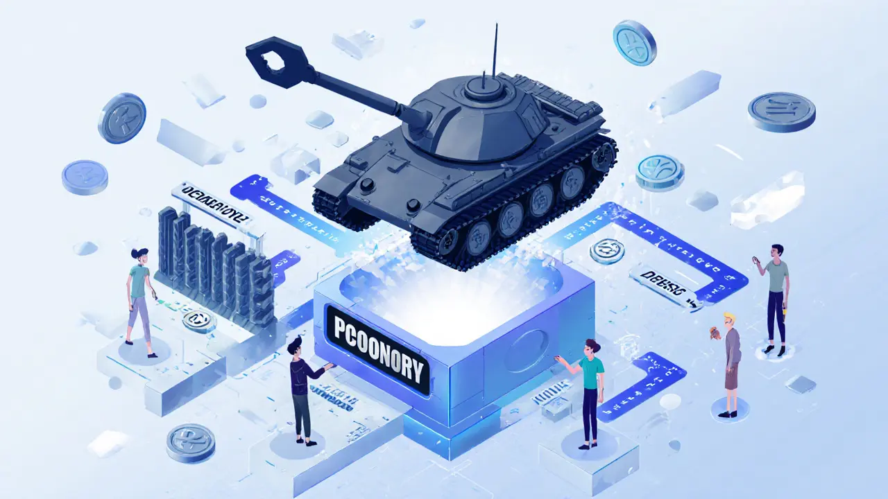 An NFT tank transforming into a key unlocking a gate labeled &#039;PlaceWar Economy&#039;, with pathways to game reward zones.