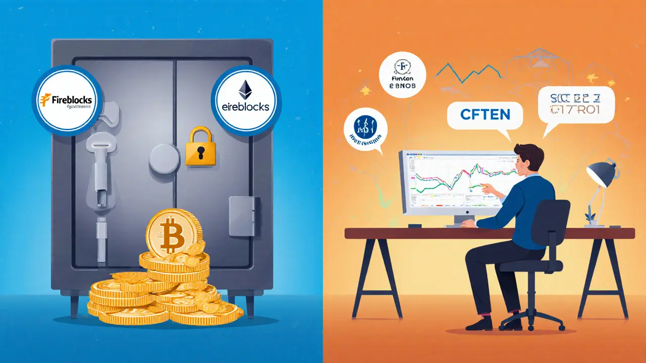 Crypto assets securely stored in third-party custodian vaults with compliance badges visible.