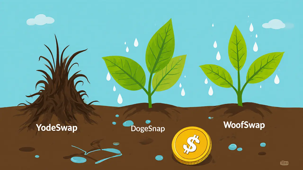 Dead YodeSwap plant next to thriving DogeSwap and WoofSwap plants.