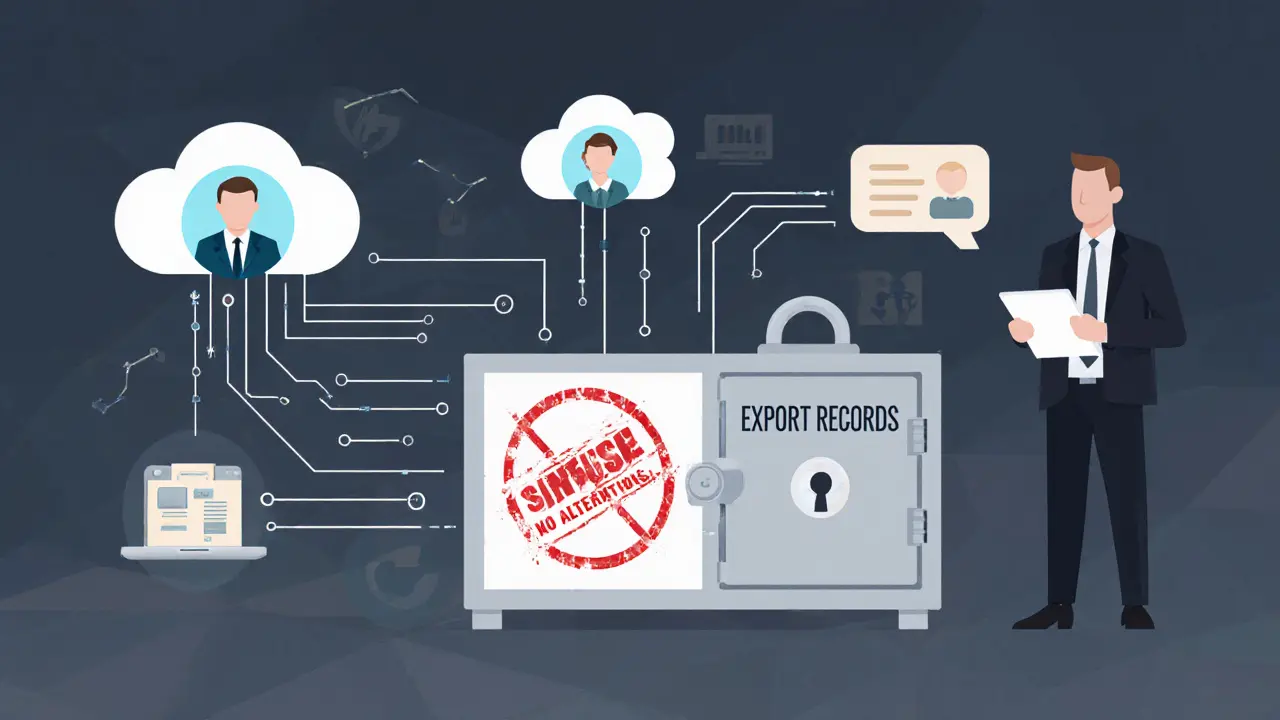 Digital dashboard with encrypted cloud storage and audit trails, showing a regulatory inspector demanding access to export records.