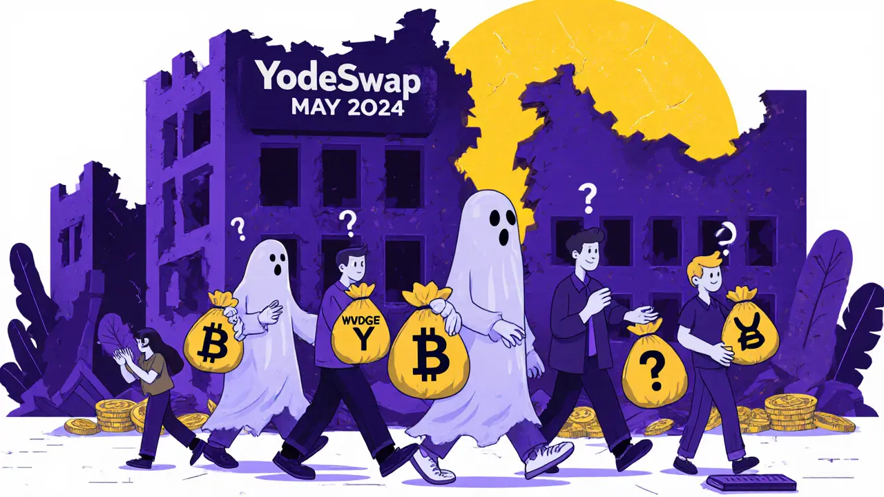 Ghostly developers walking away from YodeSwap building with stolen crypto bags.