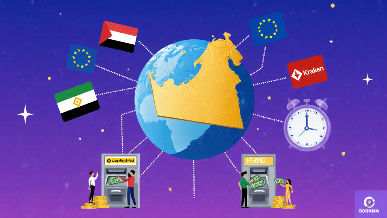 Globe showing UAE connected to global crypto firms and users, with FATF audit clock in background.