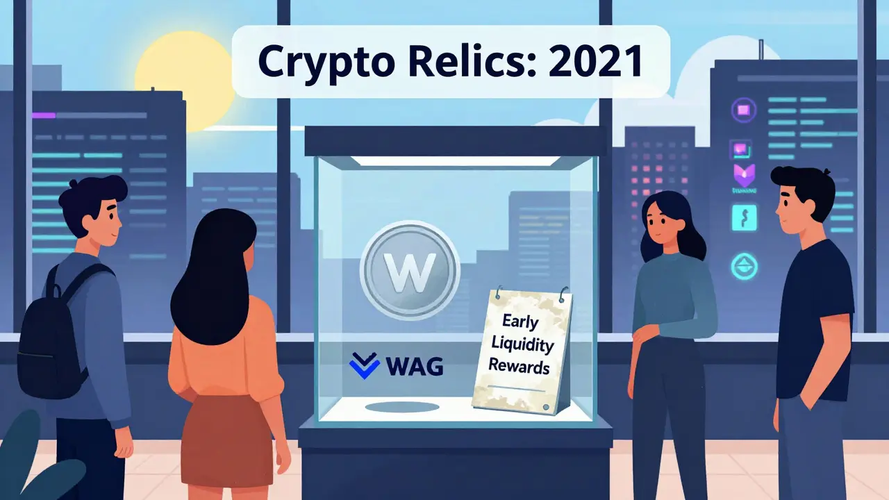 Museum exhibit displaying WAG token as a crypto relic, while modern DEXs shine brightly in the background.