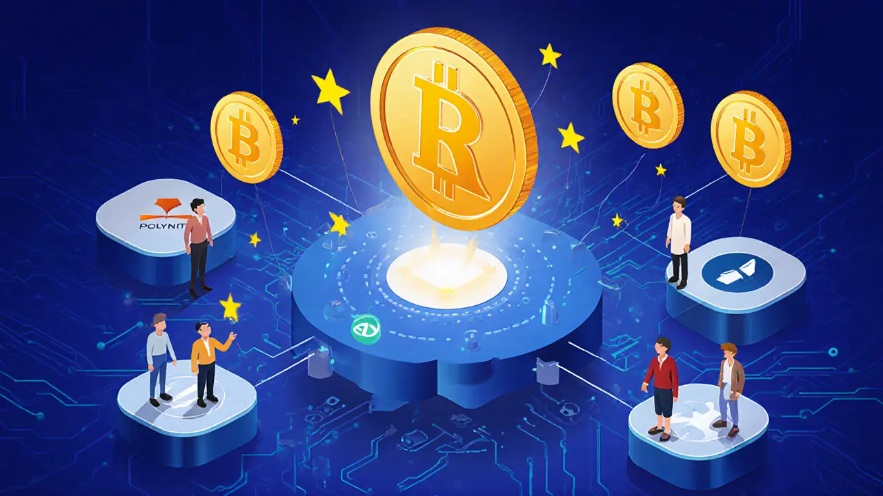 RDNT token at center of a glowing hub, connecting lenders and borrowers across multiple blockchains.