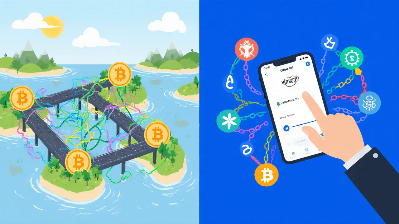 Side-by-side: chaotic bridges vs. seamless omnichain lending with one-click simplicity.