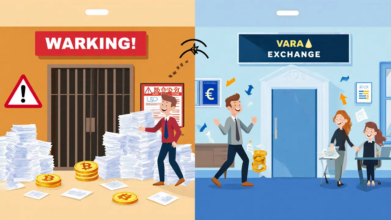 Split illustration comparing 2023 crypto banking struggles with 2025 access and growth.