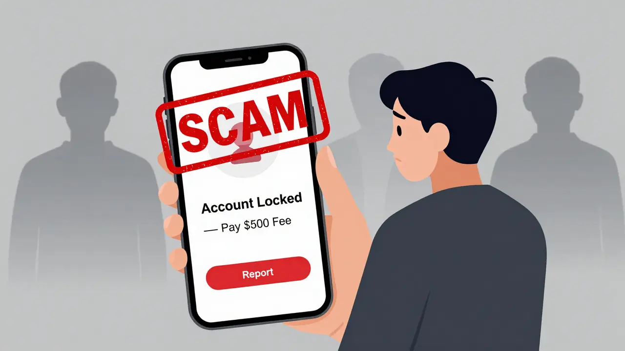 User confronted with a locked account and scam fee demand, surrounded by ghost victims