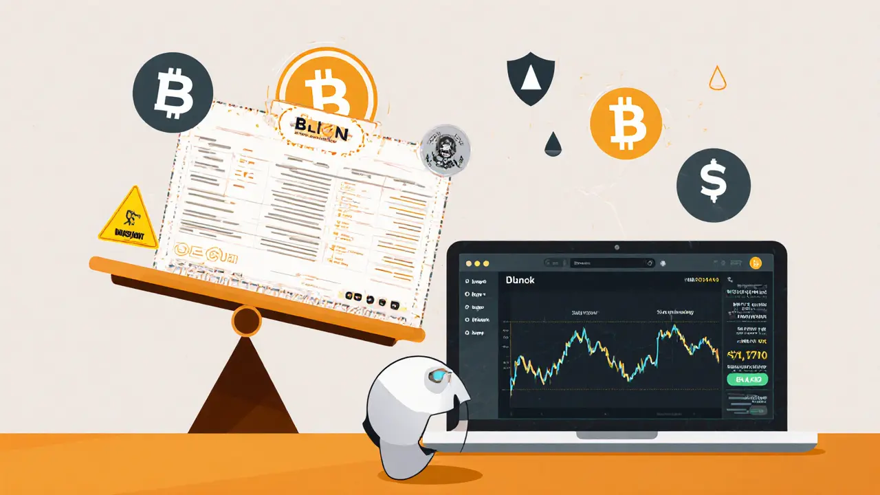 A crypto wallet on a desk beside a DEX screen showing BLKon price, with a scale balancing stock certificate and blockchain token, flat cartoon style.