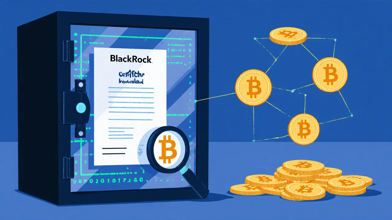 A glass vault holding a BlackRock stock certificate, surrounded by floating BLKon tokens connected by light lines, shown in flat illustration style.