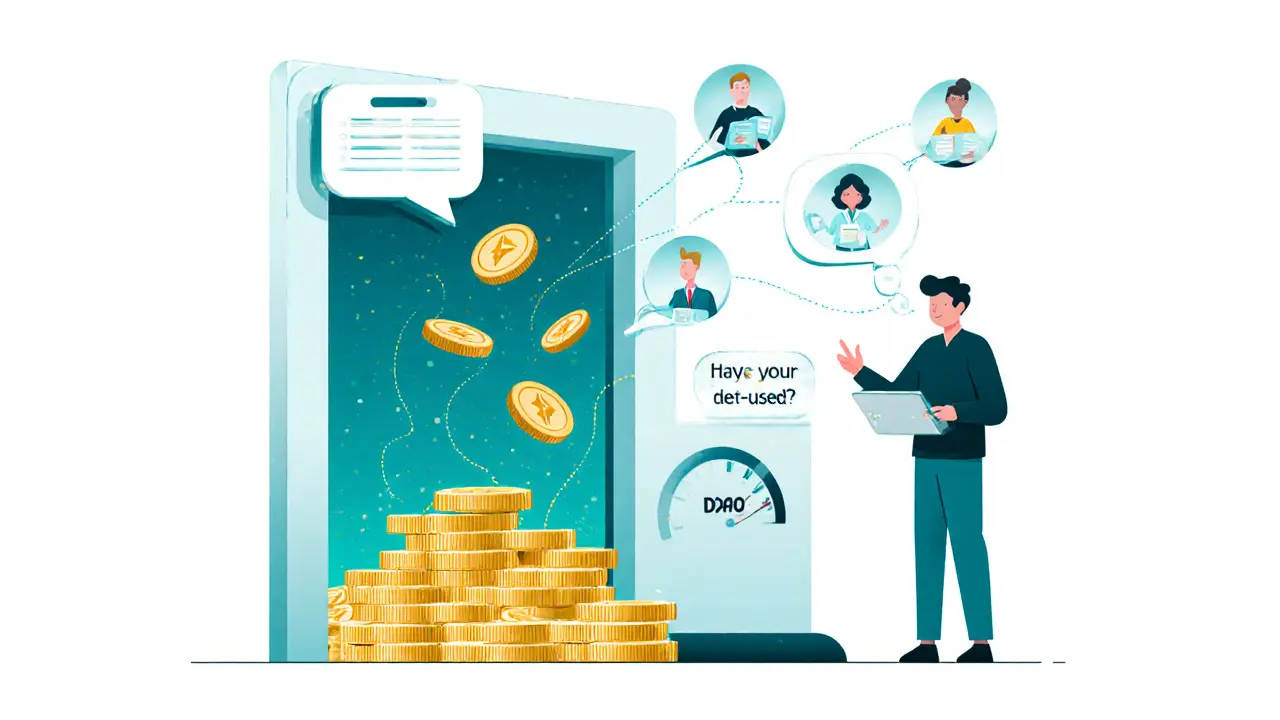 A person clicking rage-quit as tokens flow out of a multi-chain portal, with AI summaries and reputation meter nearby.