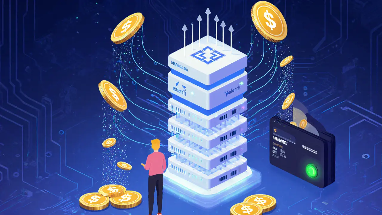 A person connecting a wallet to a blockchain node, earning daily ULL rewards with glowing data streams.