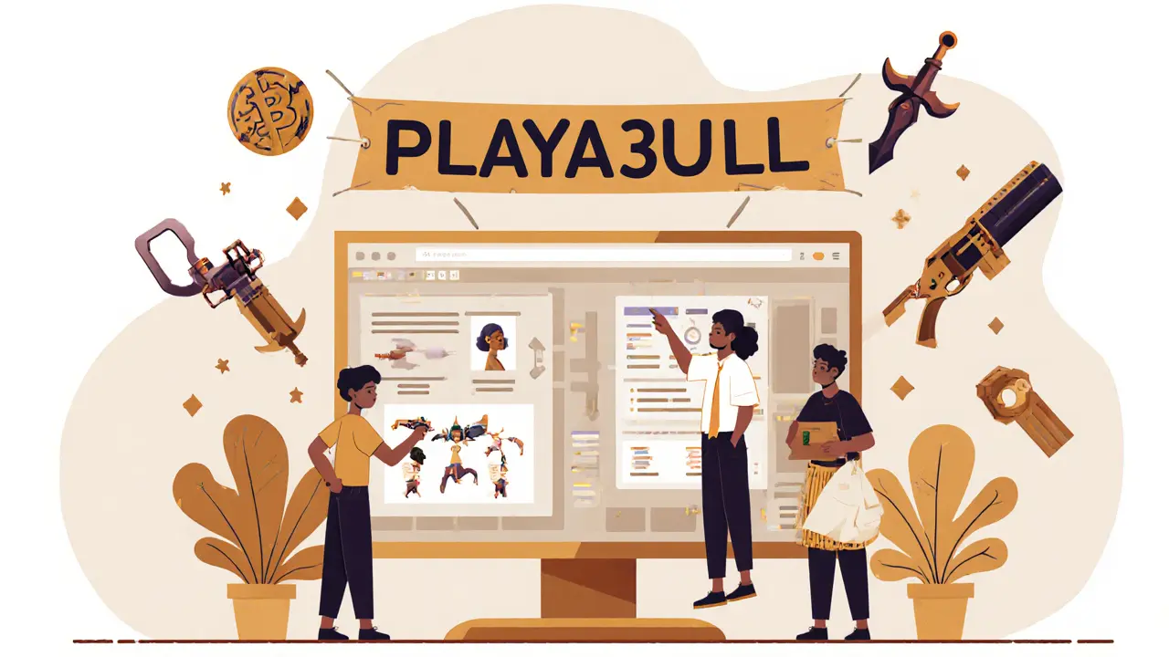 A remote team designing a Web3 game with floating NFT assets and a &#039;PLAYA3ULL: Arena&#039; launch banner.