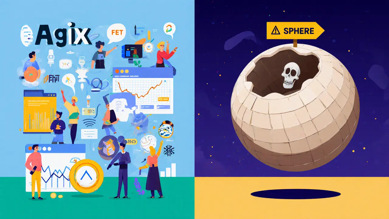 A vibrant AI crypto ecosystem contrasts with a hollow SPHERE shell spinning in a void, labeled with a warning skull sign.