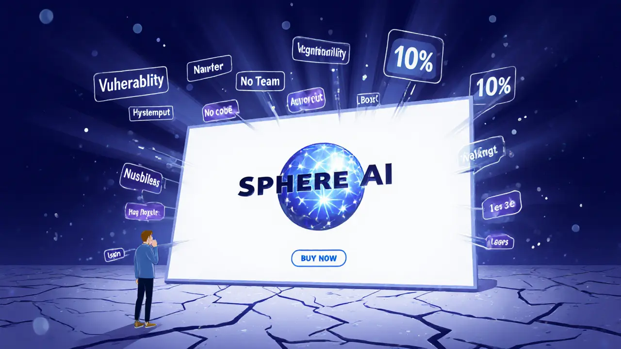 An AI platform logo hovers over an empty screen with buzzwords, no code, and no users — only a useless &#039;Buy Now&#039; button.