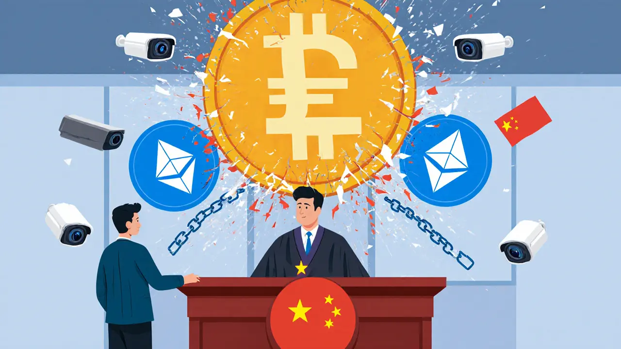 Courtroom scene with crypto symbols being crushed under a digital yuan coin.