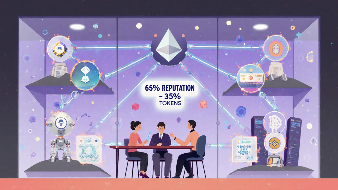 DAO headquarters with four connected blockchains, humans debating while AI bots manage treasury on holographic screens.