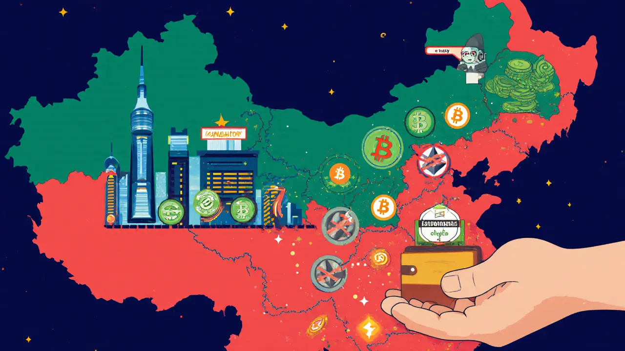 Map of China showing crypto ban inside borders, Hong Kong allowed outside.