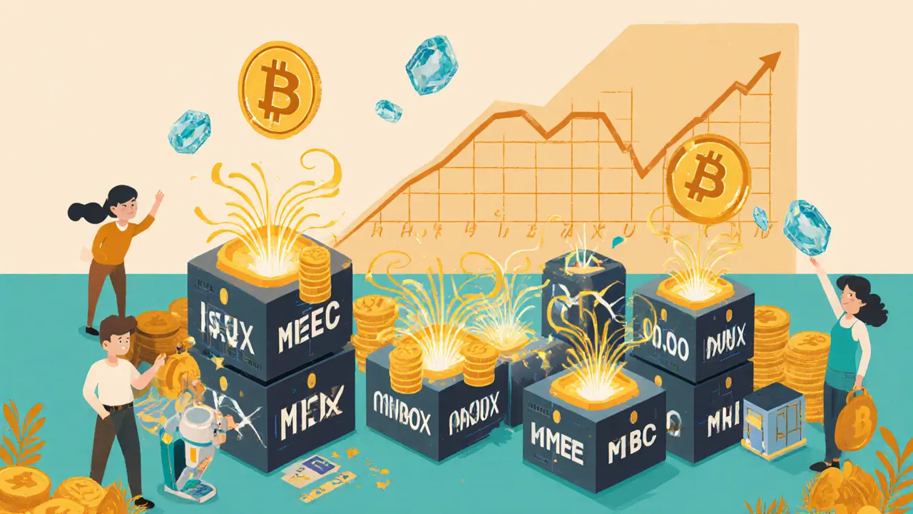 MOMO NFT cubes mining MBOX tokens with rising price graph, surrounded by players arranging teams for maximum hash power.
