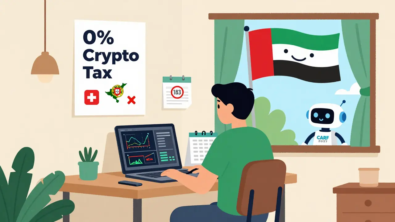 Person in tropical home surrounded by crypto charts and residency paperwork, calendar showing 183 days.