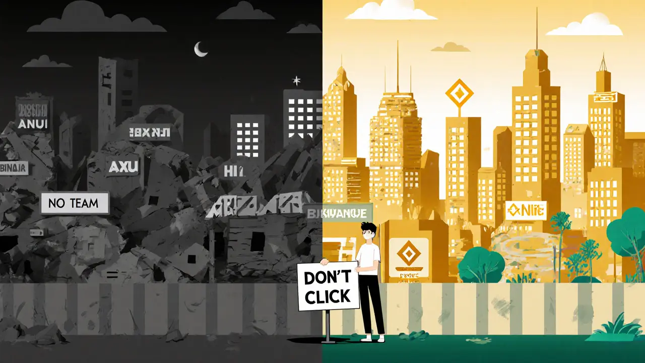 Side-by-side: ghost town of scam token vs. thriving legitimate blockchain network.