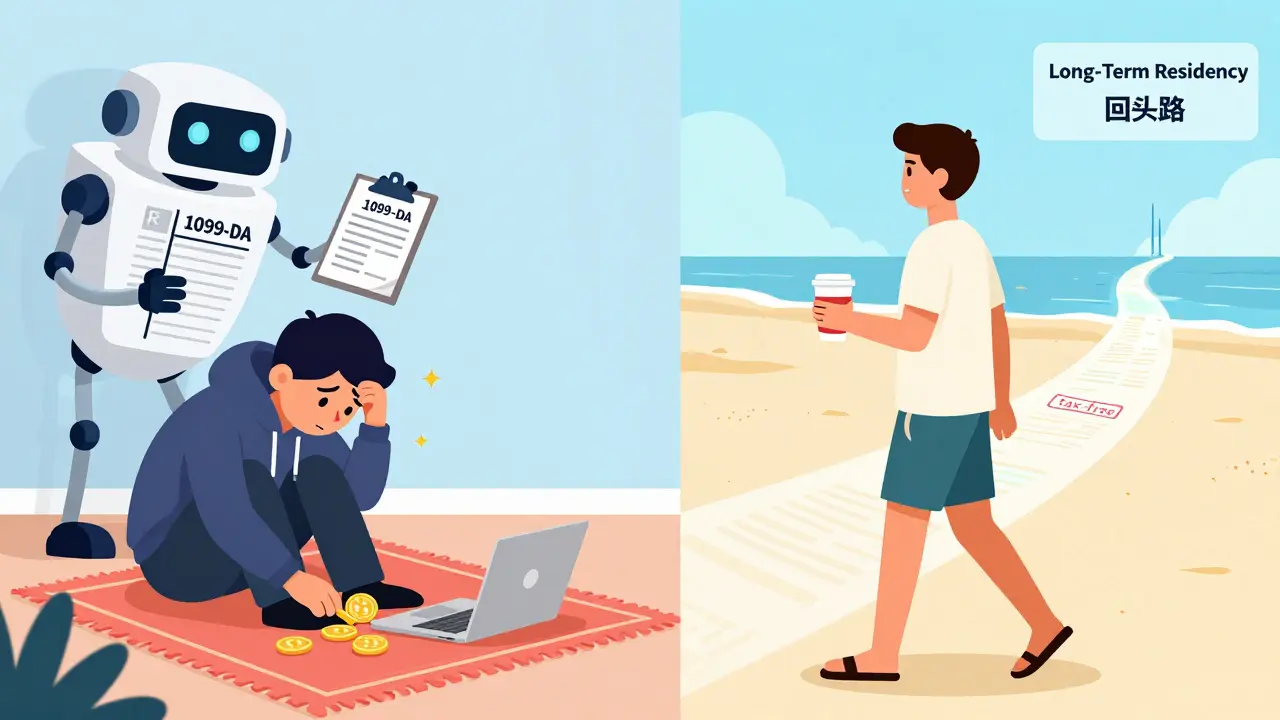 Split scene: stressed person hiding crypto vs. calm person walking on beach with tax-free path ahead.