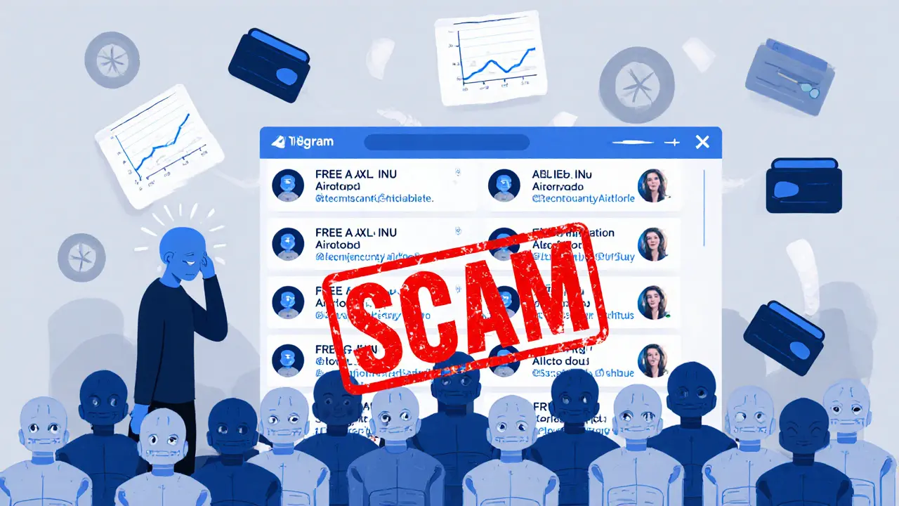 Telegram group filled with bot posts about a fake AXL INU airdrop, one user looking alarmed.