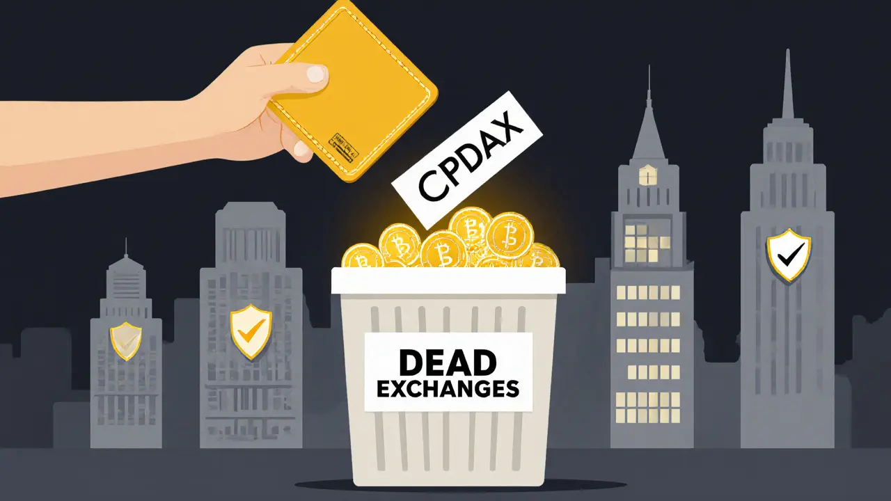 User discarding CPDAX coins into trash while holding secure hardware wallet
